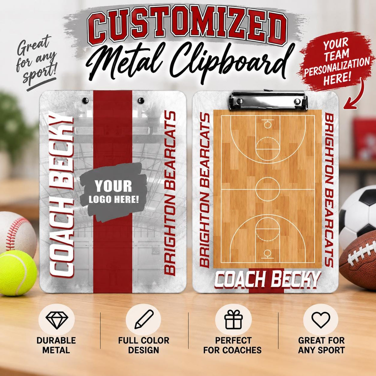 Custom Double Sided Sports Metal Clipboard | Personalized Coach Clipboard | Team Gift