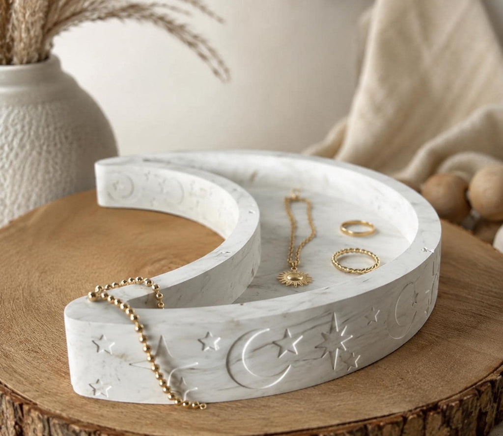 Half-Moon Jewelry/Storage Tray with half-moon and star design all around tray. Unique celestial decor