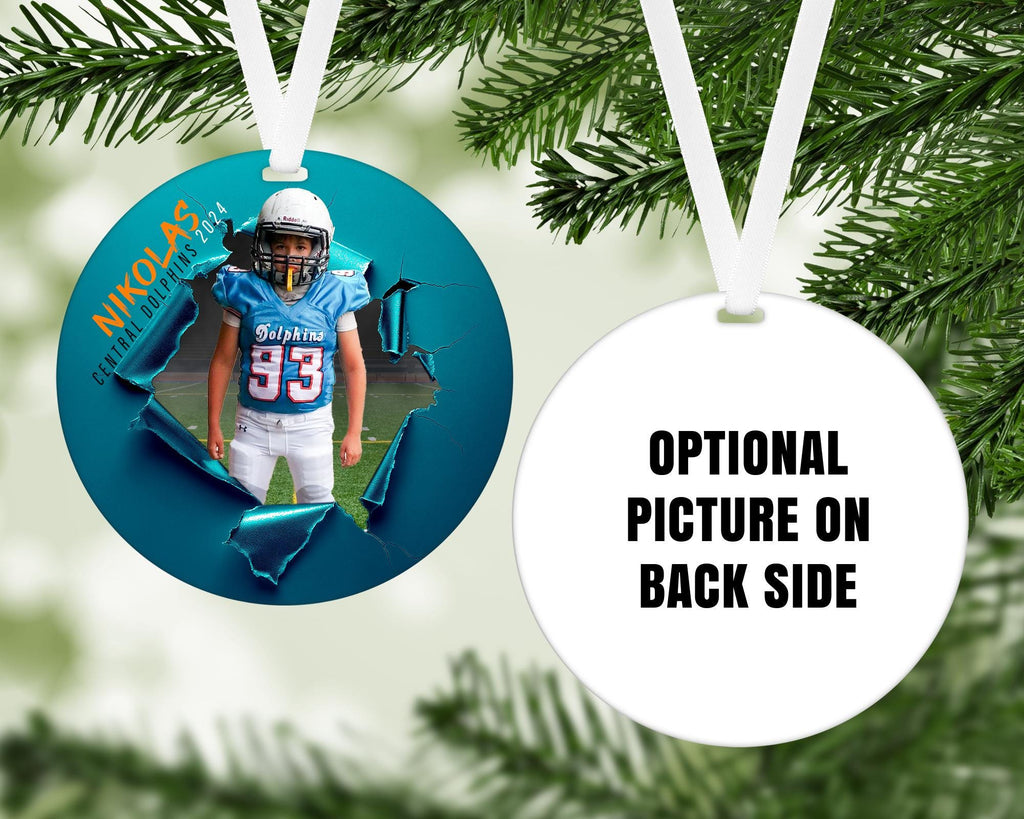 Customized multi sport ripping through ornament. Great for senior who committed or for teams end of season gift. Personalized- pick a sport.