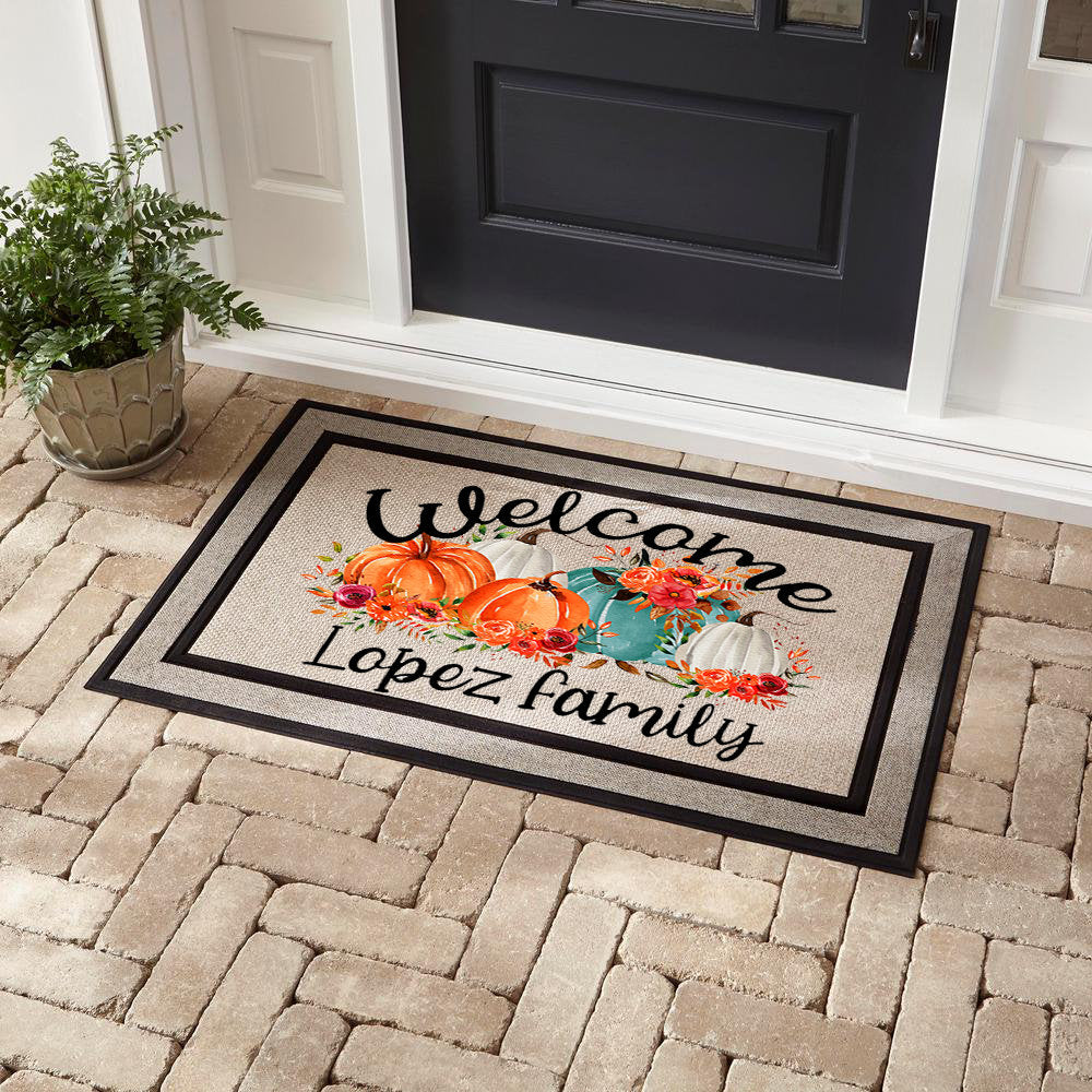 Personalized Welcome Fall Pumpkin Doormat, Recycled Rubber