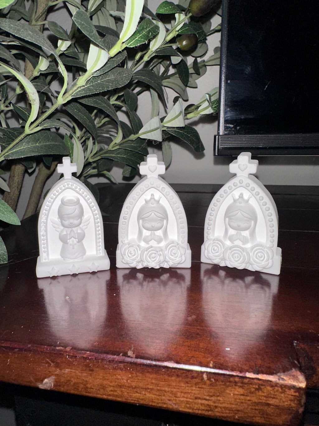 Angel & Virgin Mary Ceramic Figurines, Baptism Favor, Religious Keepsake, Christening Gift, Baby Shower Decor, Optional Magnet
