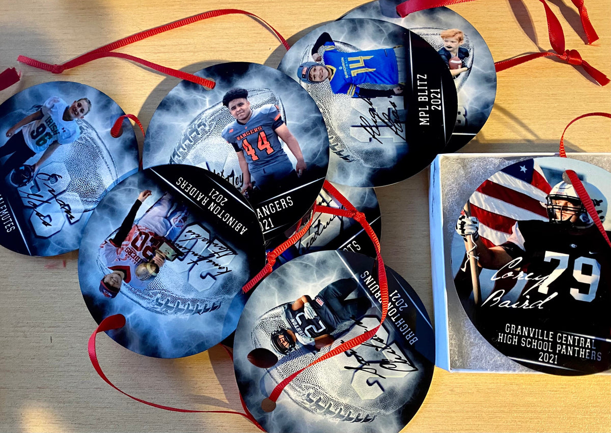 Customized football ornament. Great for senior who committed or for teams end of season gift. Can be personalized with 2 different picture.