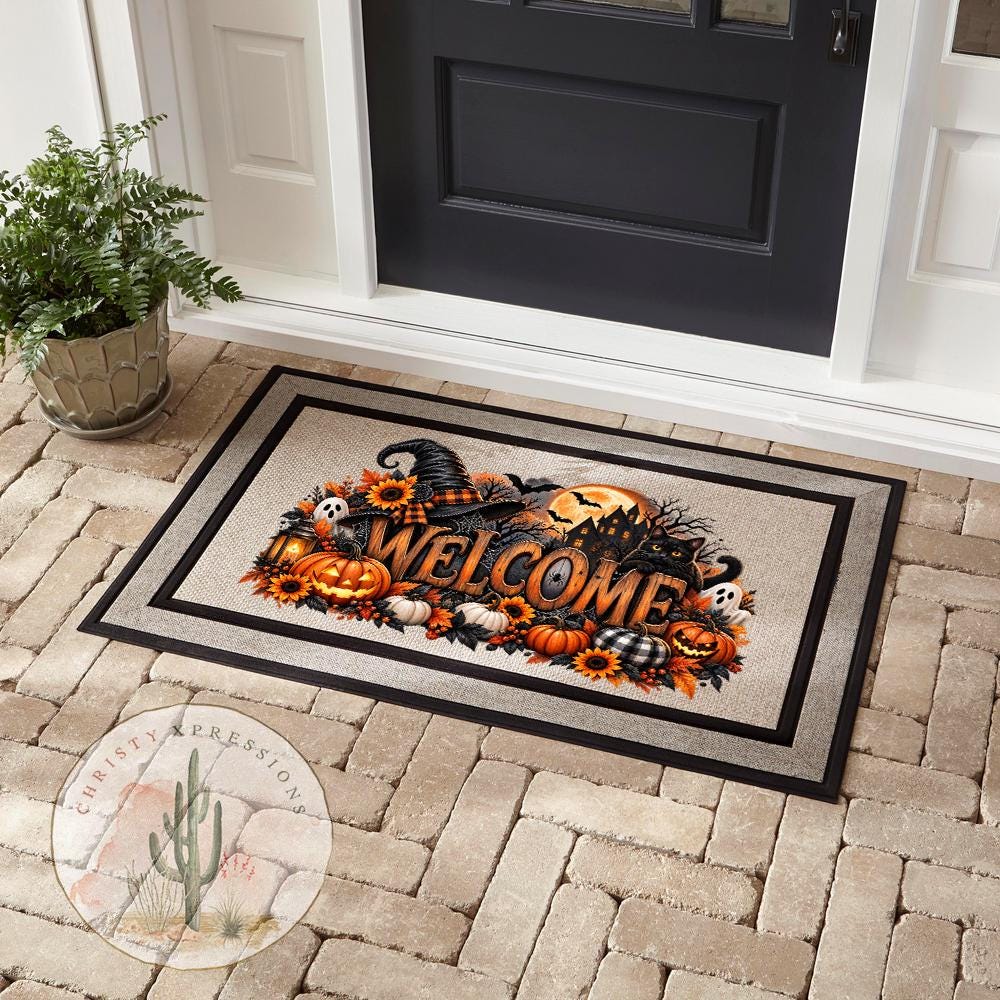 Halloween Doormat, Witch Halloween Door Mat, Spooky Front Door Decor, Black Cat Doormat, Fall Porch Decor, Halloween Outdoor Mat