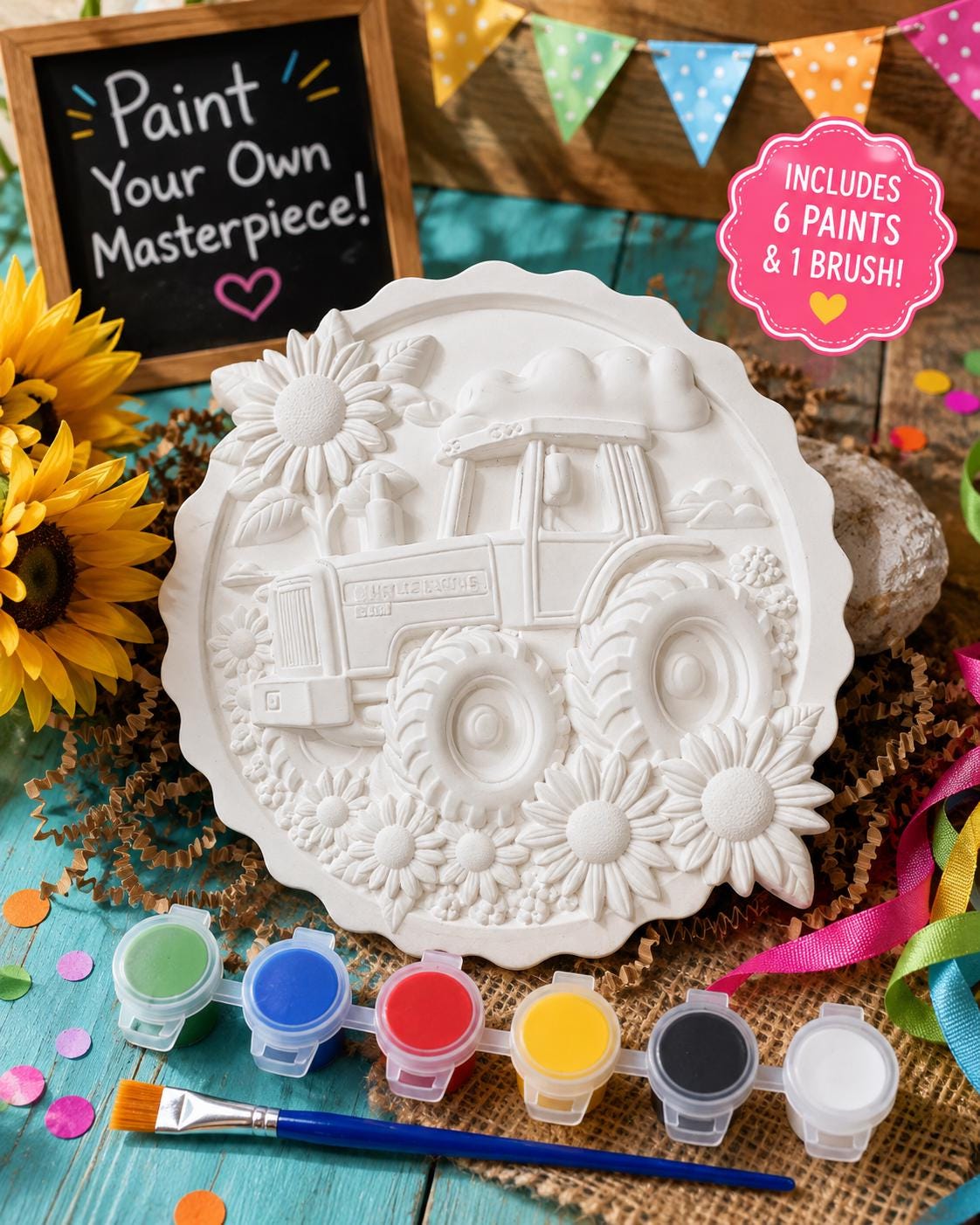 Tractor and sunflower field Coloring Kit. Paint your own Masterpiece