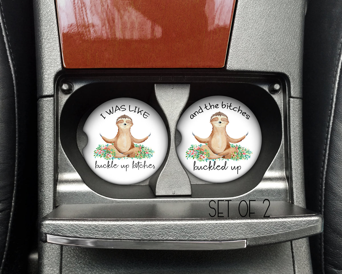 Funny Sloth Car Coaster Set: "Buckle Up" Meditating Sloth Design