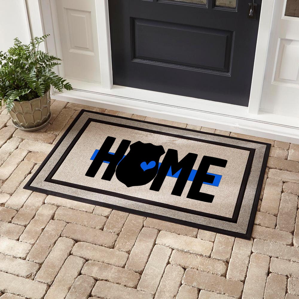 Thin Blue Line Doormat with Badge & Heart, Personalized Police Officer Gift