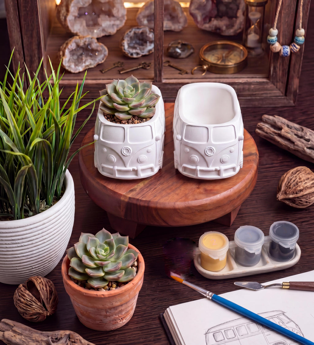 Ceramic Resin Mini Camper Bus Planter- Paint Your Own Masterpiece. Succulent planter