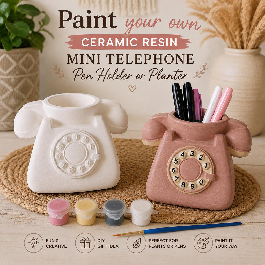 Paint Your Own Mini Telephone Planter, Ceramic Resin Pen Holder, DIY Painting Kit, Retro Phone Decor, Desk Organizer, Creative Gift