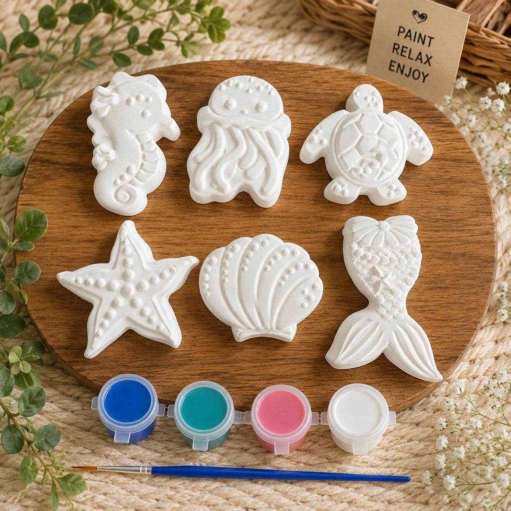 Ocean Theme Ceramic Coloring Kit, Sealife, Mermaid, Starfish, Turtle, Jellyfish, Seashell Figurines