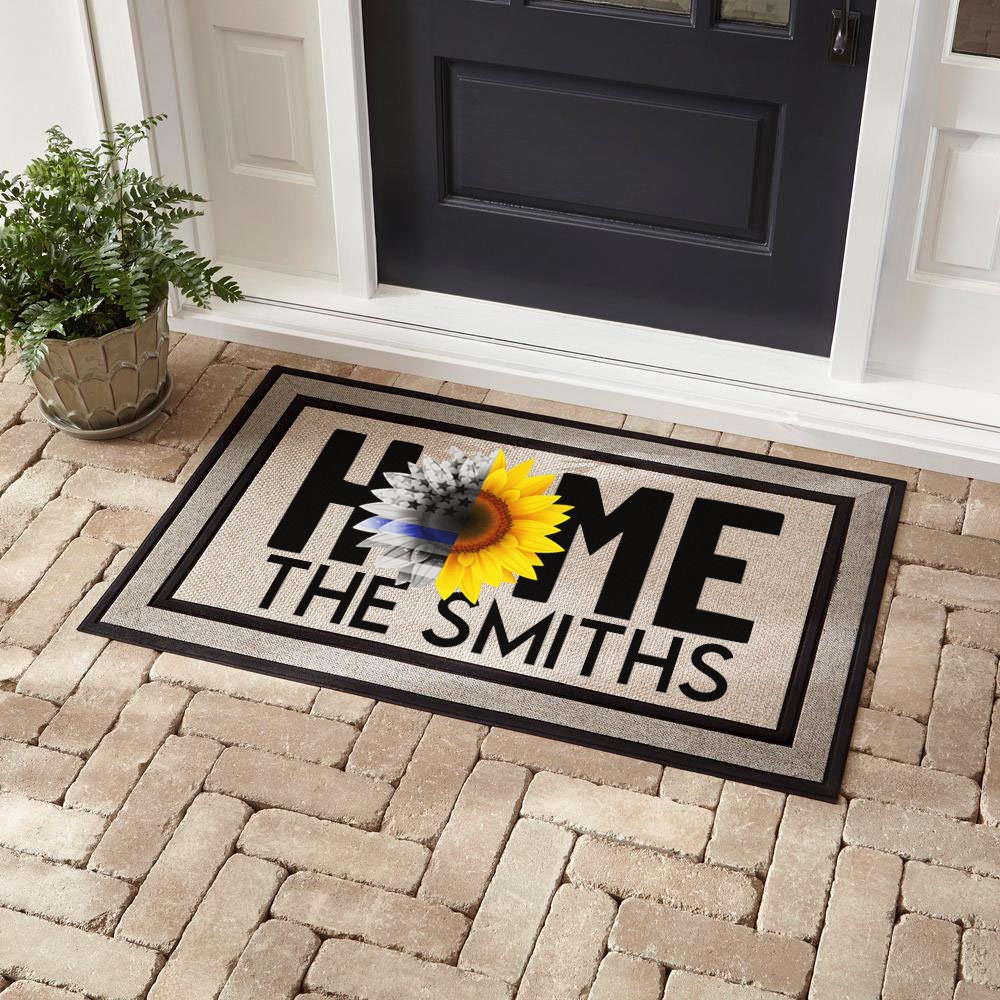 Personalized Thin Blue Line Sunflower Doormat, Housewarming Gift