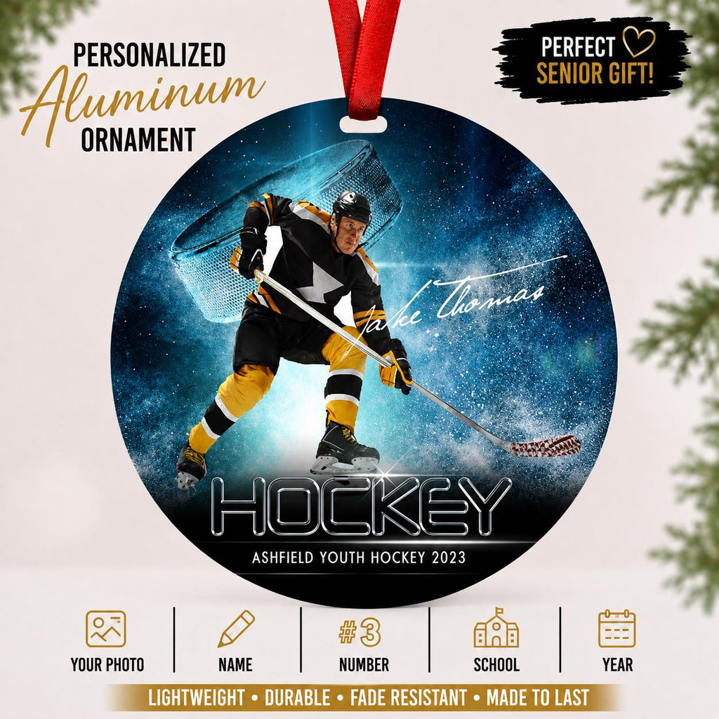Customized Hockey ornament. Great for hockey senior or team gifts. Can be personalized with 2 different picture.