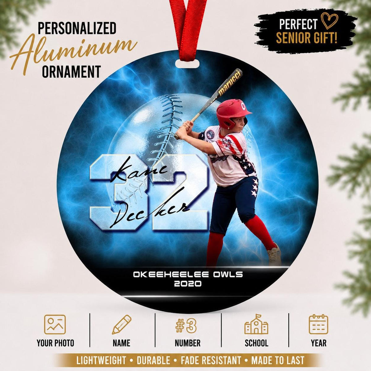 Personalized Baseball Photo Ornament, Custom Senior Baseball Gift, Senior Night Keepsake, Baseball Player Christmas Ornament, Team Gift