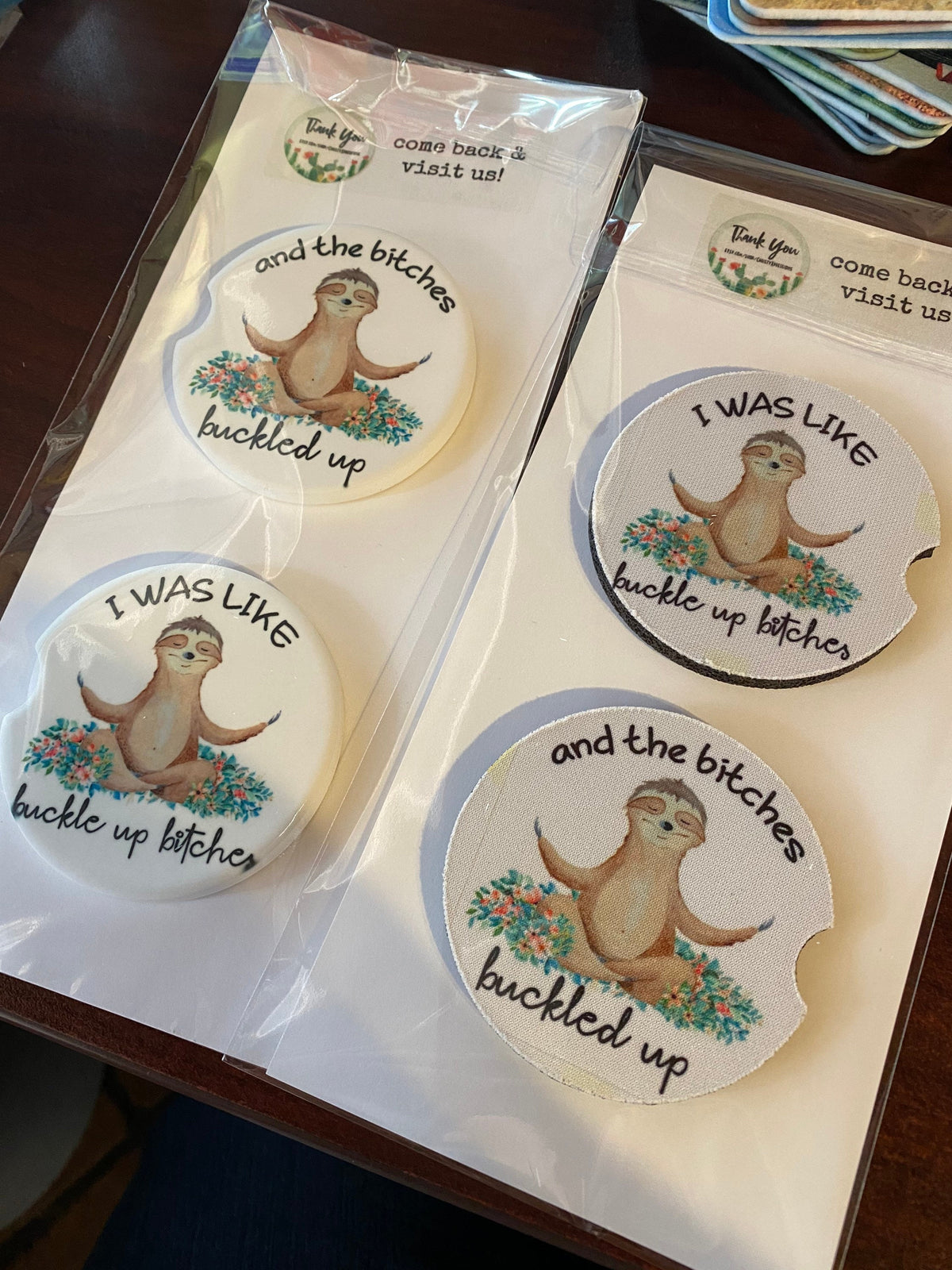 Funny Sloth Car Coaster Set: "Buckle Up" Meditating Sloth Design