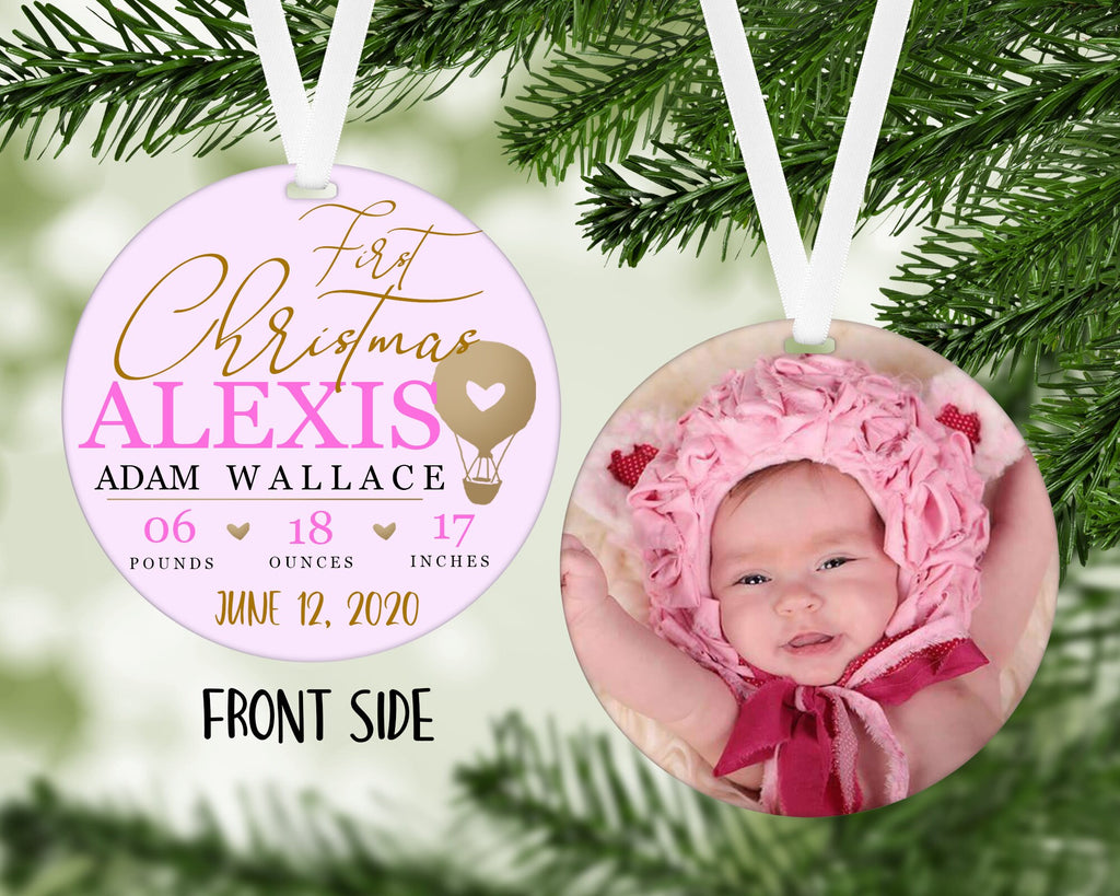 Baby's First Christmas birth announcement. Customized Christmas Ornament with optional baby picture.