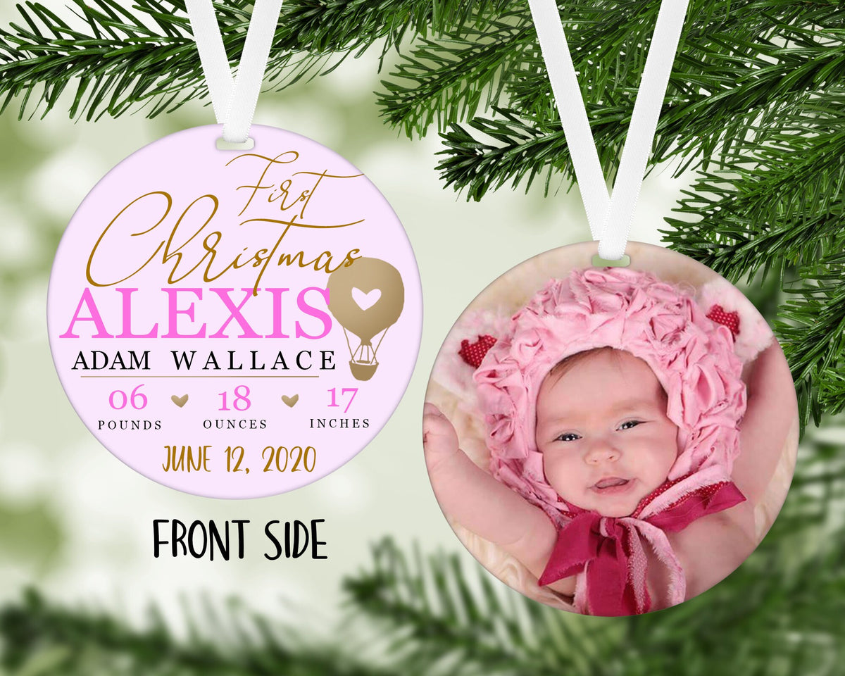 Baby's First Christmas birth announcement. Customized Christmas Ornament with optional baby picture.