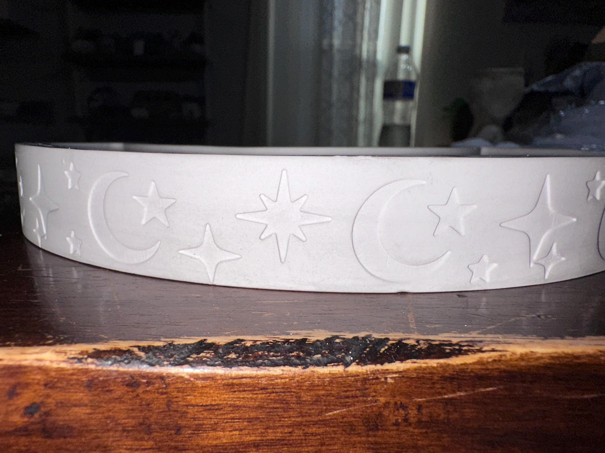 Half-Moon Jewelry/Storage Tray with half-moon and star design all around tray. Unique celestial decor