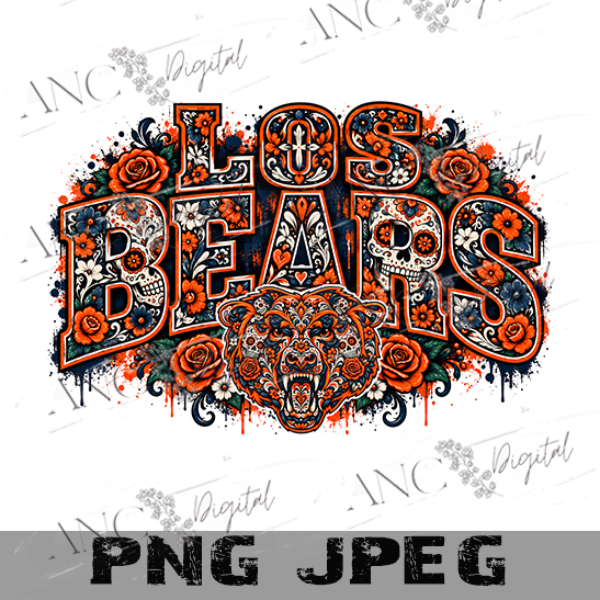 LOS BEARS PNG Bundle, Day of the Dead Bear Sublimation Designs, Sugar Skull Bear Head, Floral Sports Mascot Digital Download