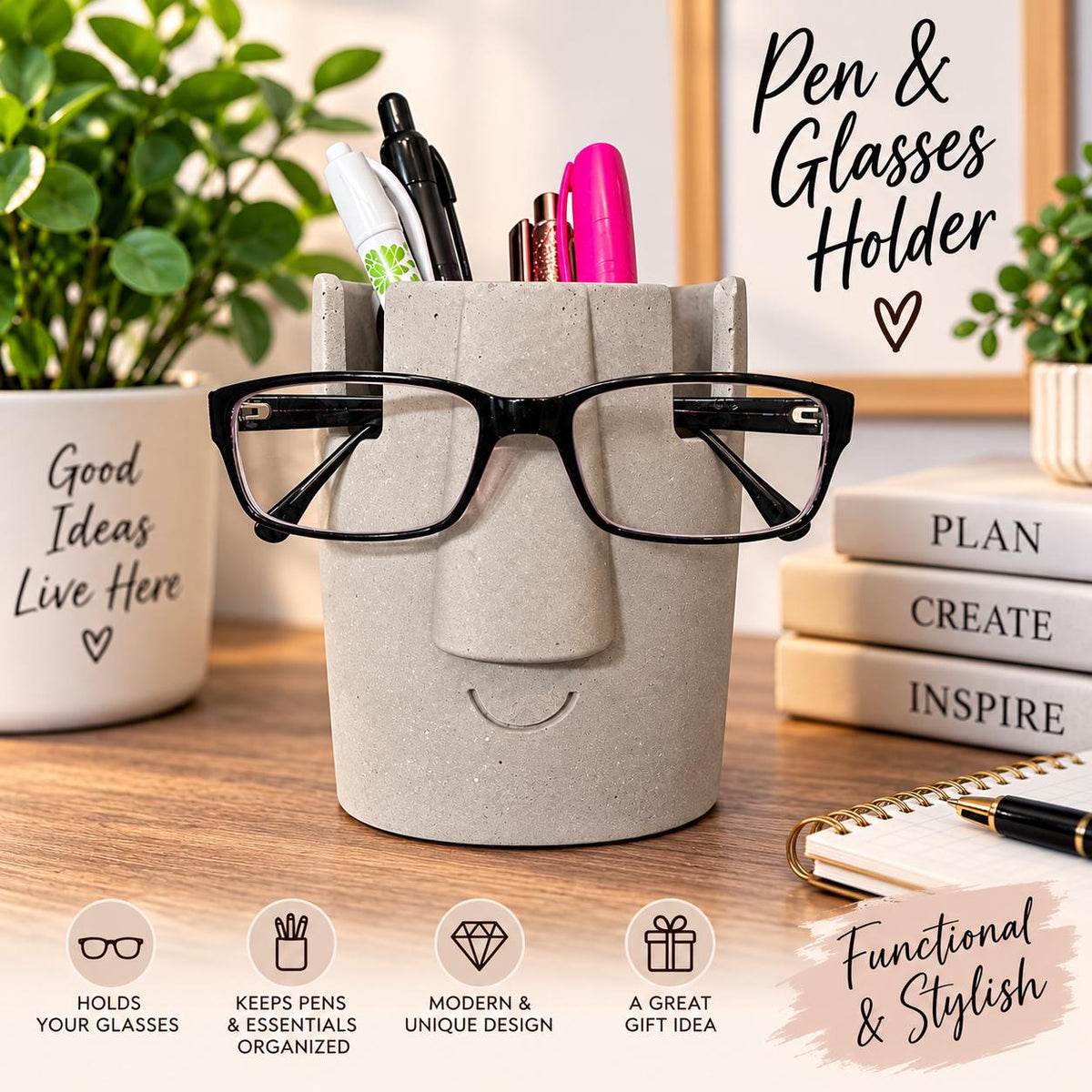 Pen and Glasses Holder, Concrete Desk Organizer, Eyeglass Holder, Office Pen Holder, Unique Desk Decor, Teacher Gift