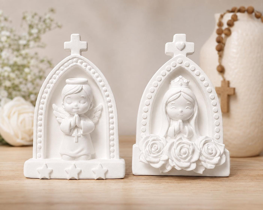 Angel & Virgin Mary Ceramic Figurines, Baptism Favor, Religious Keepsake, Christening Gift, Baby Shower Decor, Optional Magnet