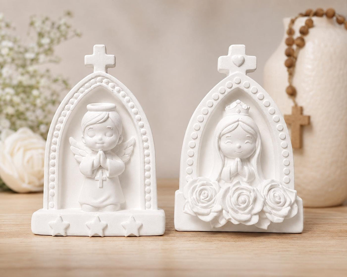 Angel & Virgin Mary Ceramic Figurines, Baptism Favor, Religious Keepsake, Christening Gift, Baby Shower Decor, Optional Magnet