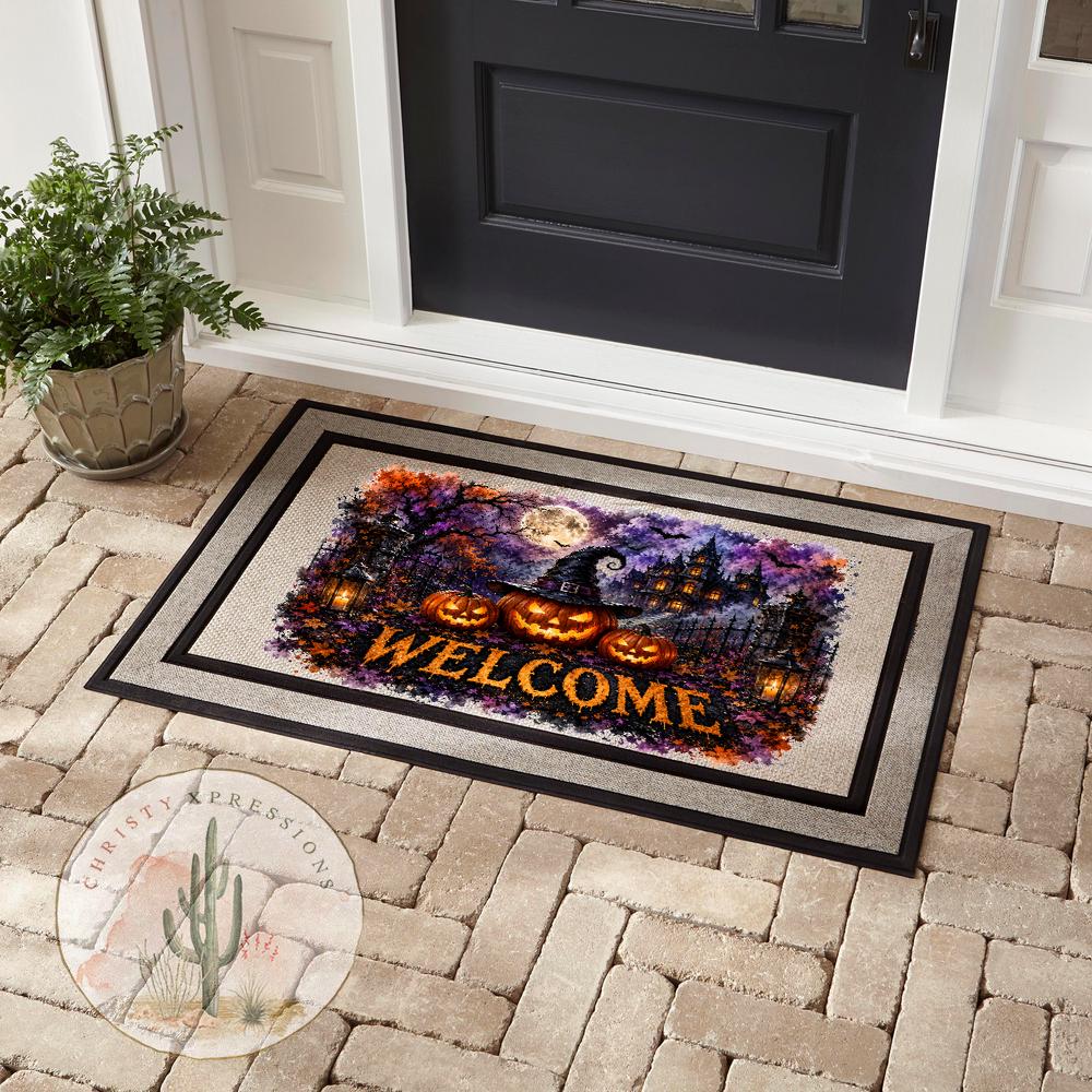 Halloween Doormat, Witch Pumpkin Welcome Mat, Spooky Halloween Porch Decor, Haunted House Front Door Mat, Fall Outdoor Door Mat