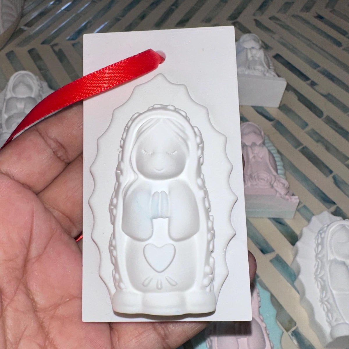 Ceramic Resin Virgin De Guadalupe Ornament, Handmade Religious figurine, baptism favors, Christening, Communion, weddings