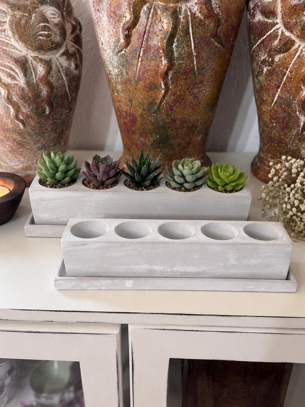 5 Hole Succulent Planter with Tray, Long Rectangle Plant Pot, Modern Indoor Planter, Handmade Cement Decor