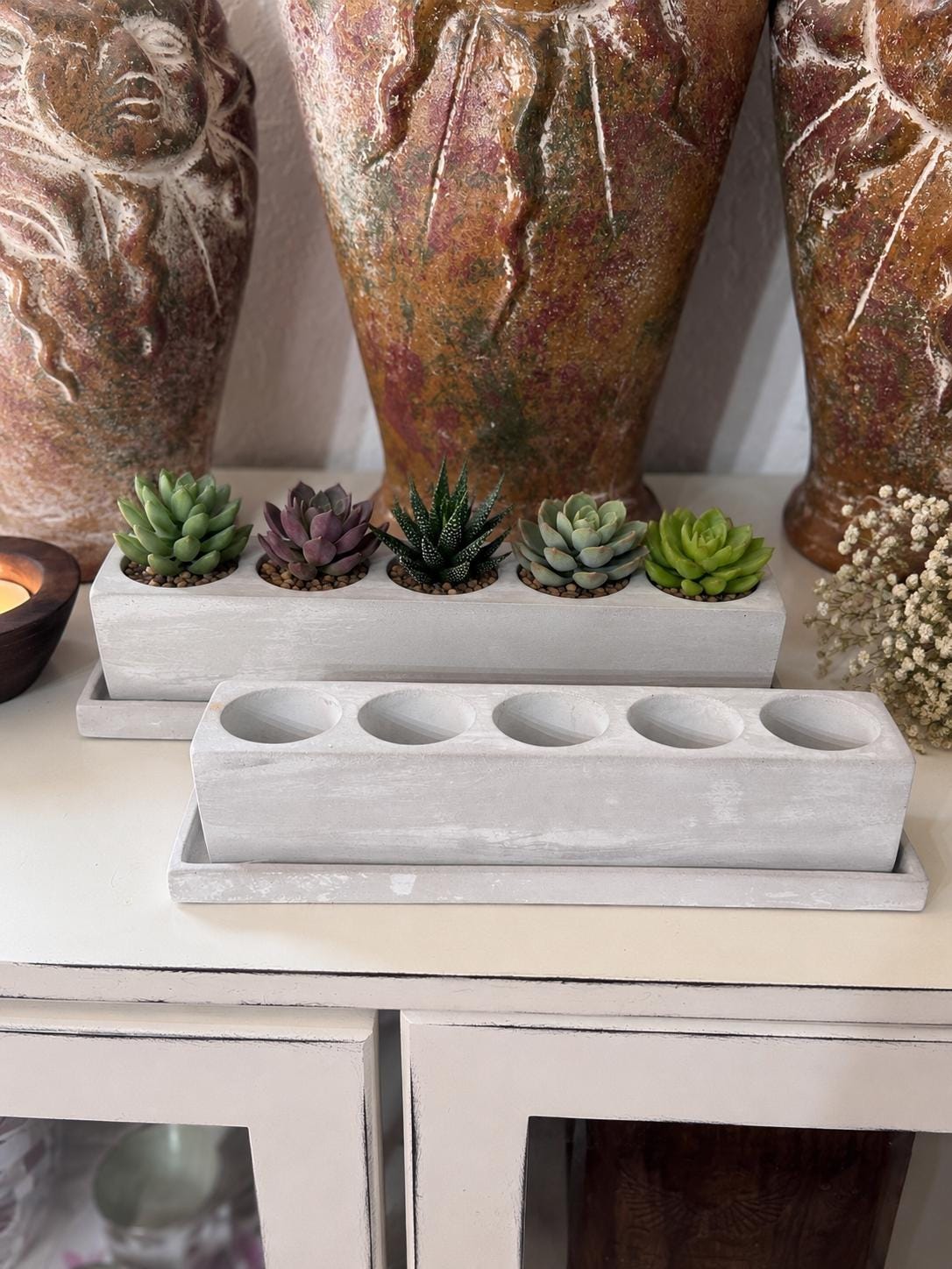 5 Hole Succulent Planter with Tray, Long Rectangle Plant Pot, Modern Indoor Planter, Handmade Cement Decor