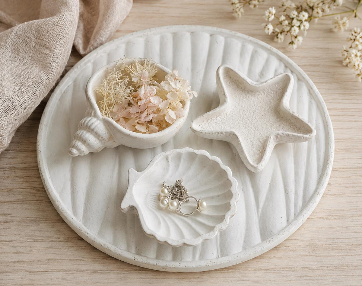 Coastal Shell Trinket Dish Set, Seashell Jewelry Tray, Beach Decor