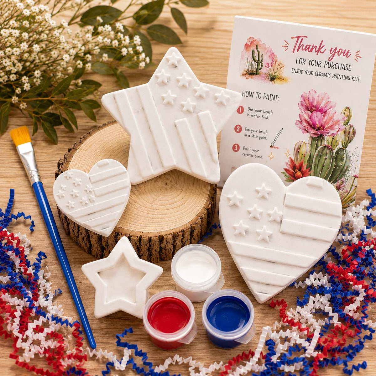Ceramic Flag Coloring Kit, Star Heart Figurines, Paint Brush (Activity Set)