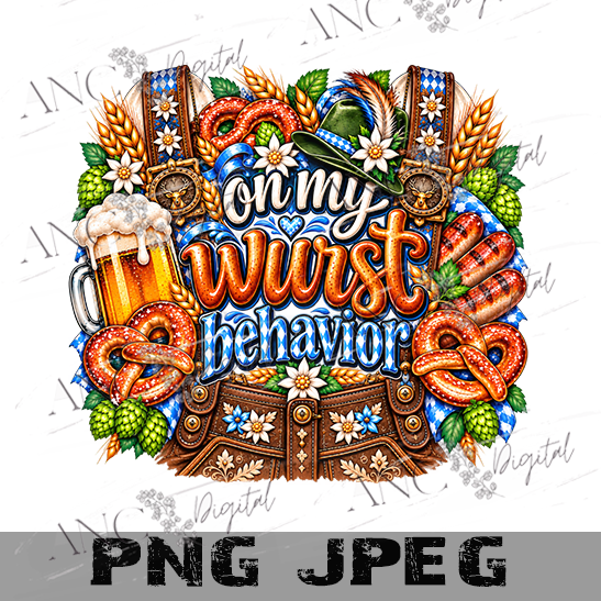 On My Wurst Behavior PNG | Oktoberfest Sublimation Design | Funny Beer Pretzel Bratwurst PNG | Bavarian Festival Shirt Design Digital