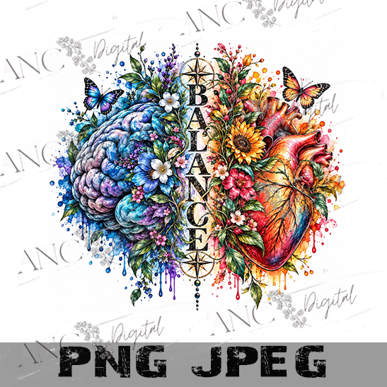 Mental Health Brain & Heart Sublimation Bundle PNG, Balance Design, Watercolor Anatomy Art, Mental Wellness PNG
