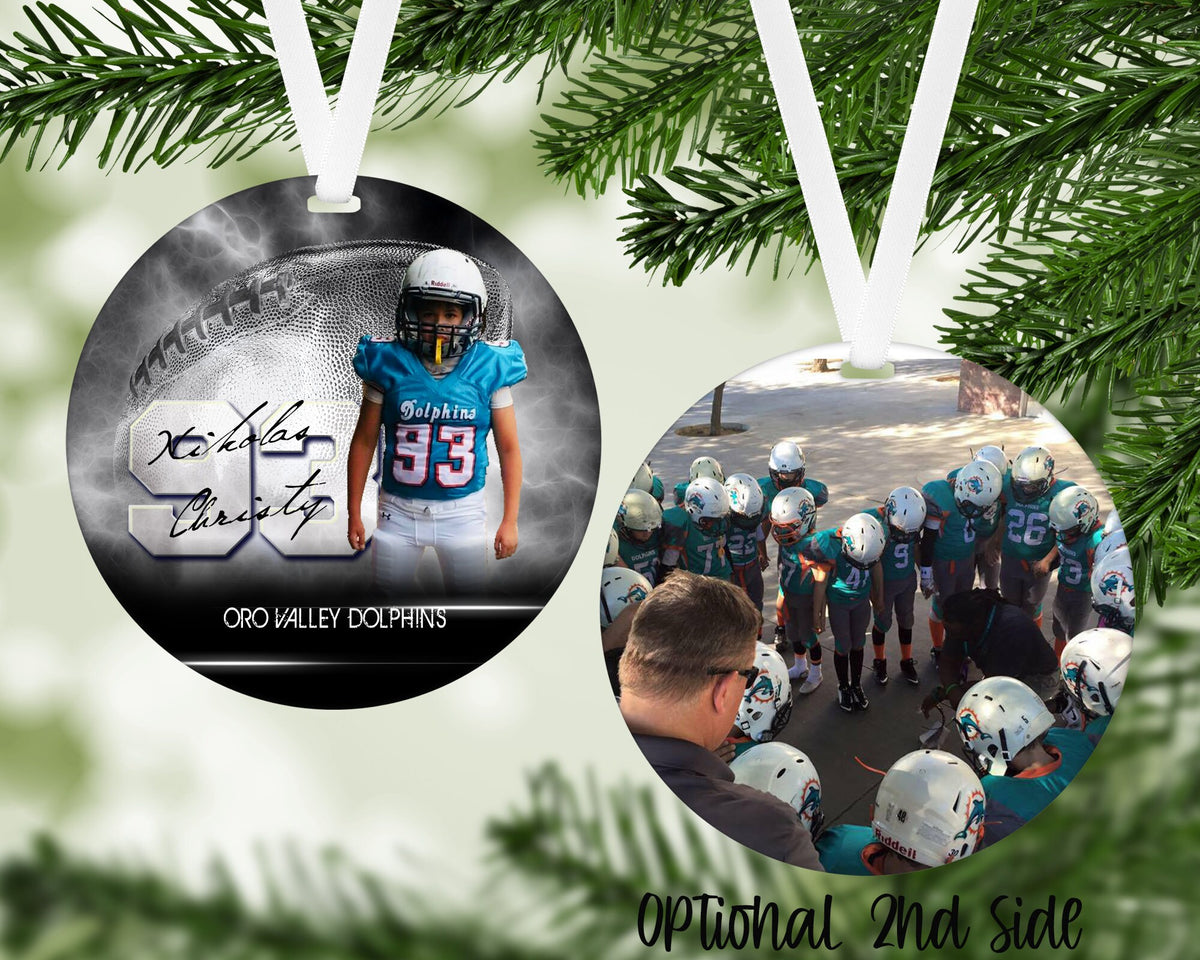 Customized football ornament. Great for senior who committed or for teams end of season gift. Can be personalized with 2 different picture.