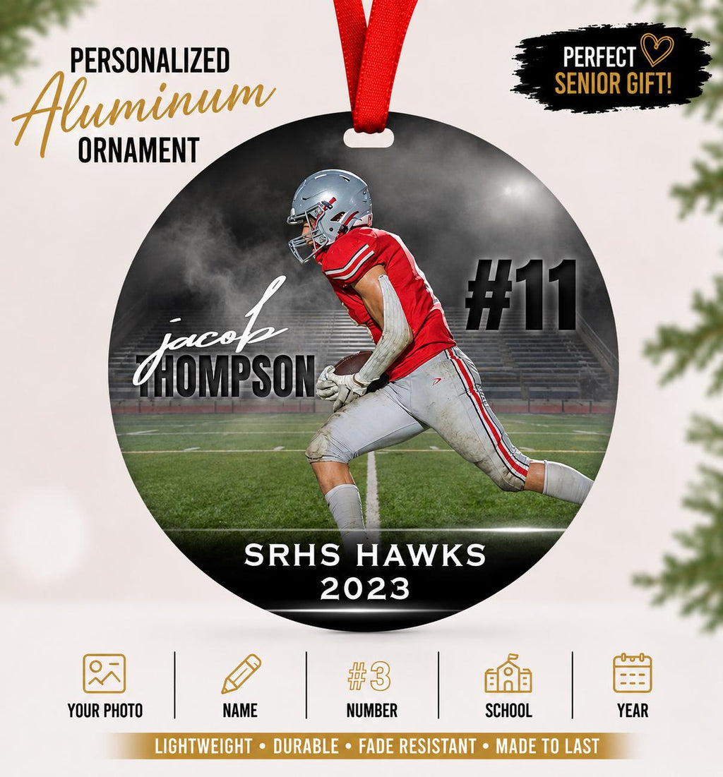 Customized football ornament. Great for senior who committed or for teams end of season gift. Can be personalized with 2 different picture.