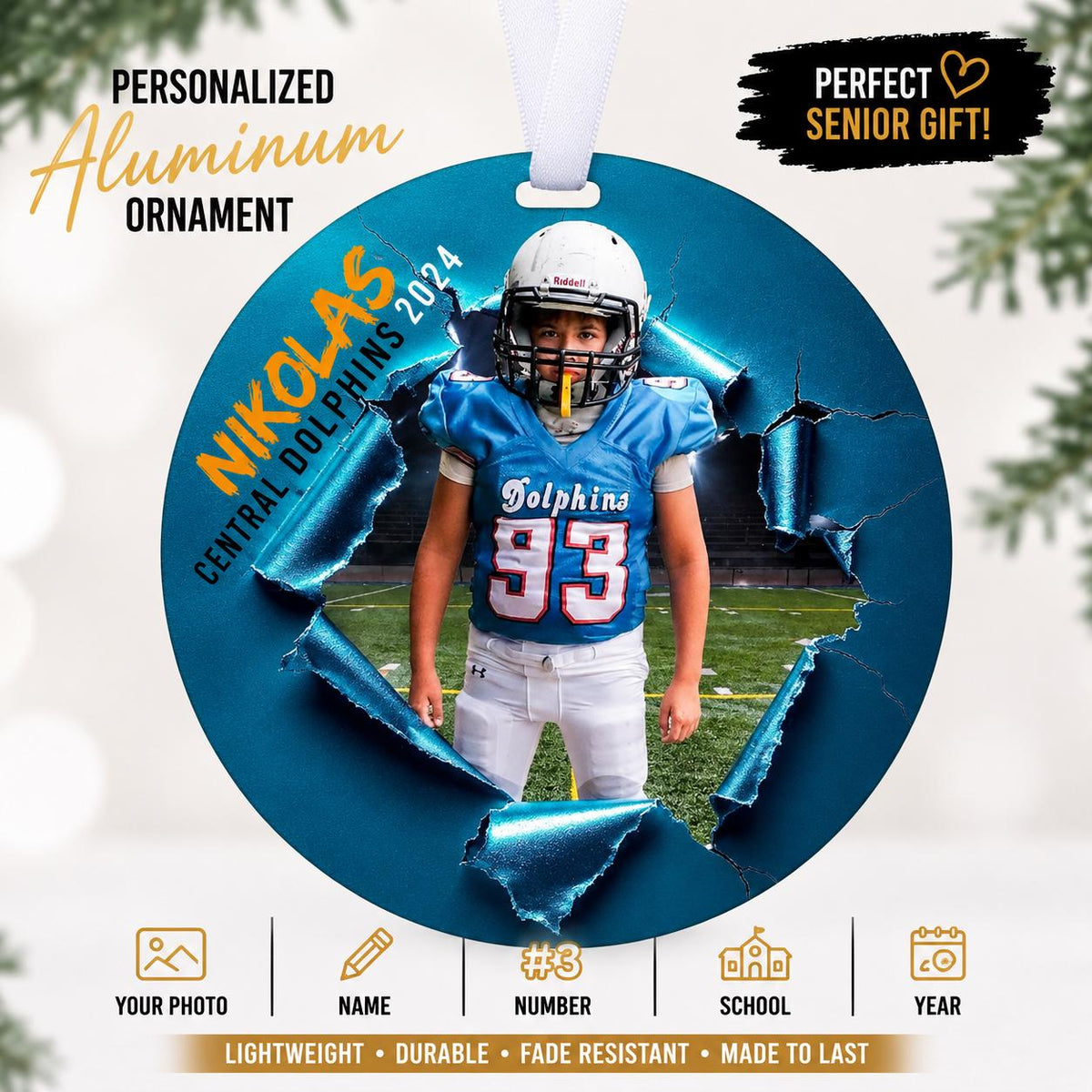 Customized multi sport ripping through ornament. Great for senior who committed or for teams end of season gift. Personalized- pick a sport.