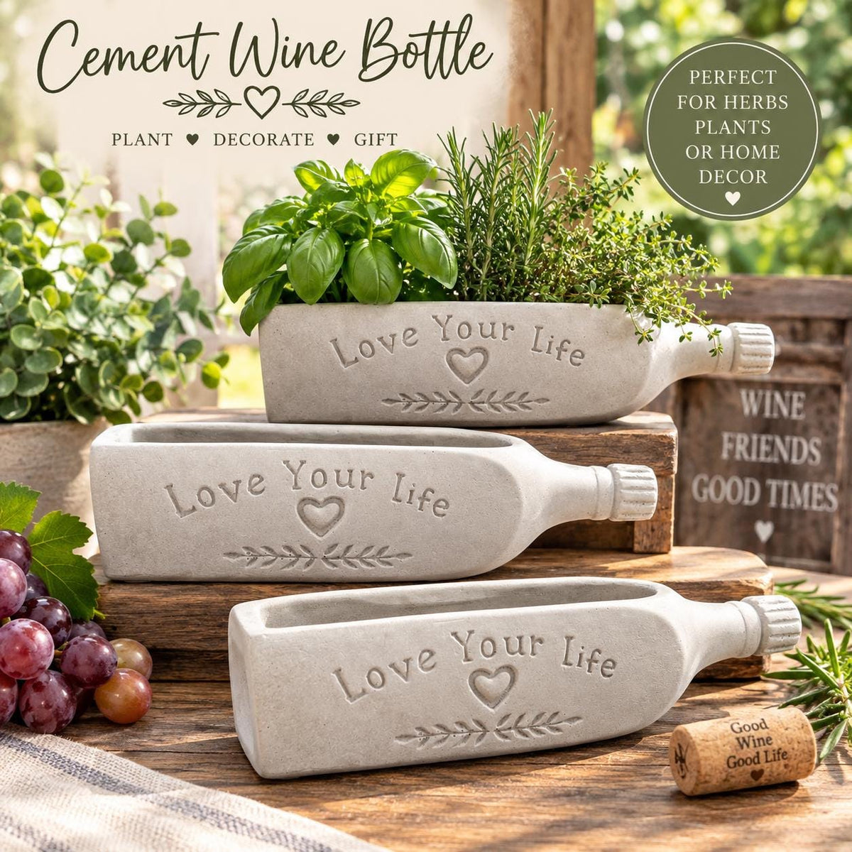 Concrete Wine Bottle Planter, Cement Succulent Planter, Rustic Industrial Home Decor