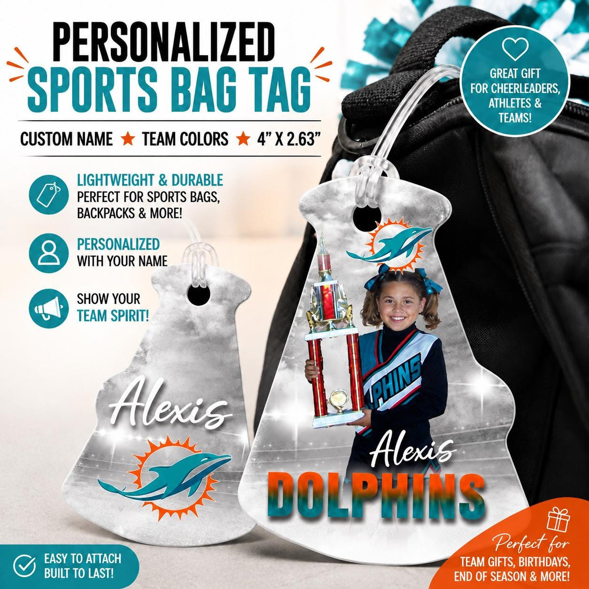 Personalized Megaphone Sports Bag Tag, Custom Cheer Bag Tag, Cheerleader Name Tag, Sports Team Gift, Backpack Tag, Gym Bag Tag