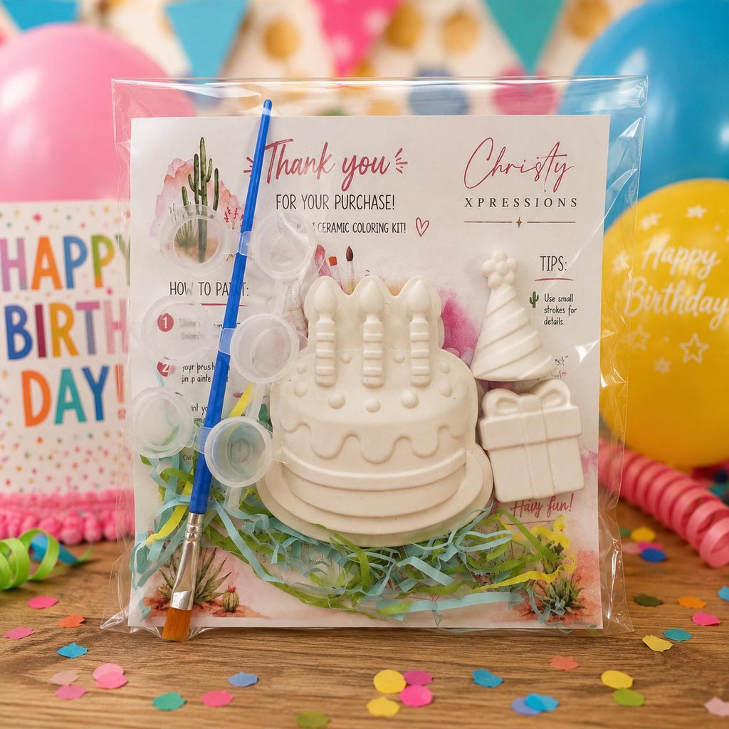 Paint Your Own Ceramic Birthday Cake Kit, Kids Craft Activity, Party Favor, DIY Ceramic Coloring Kit