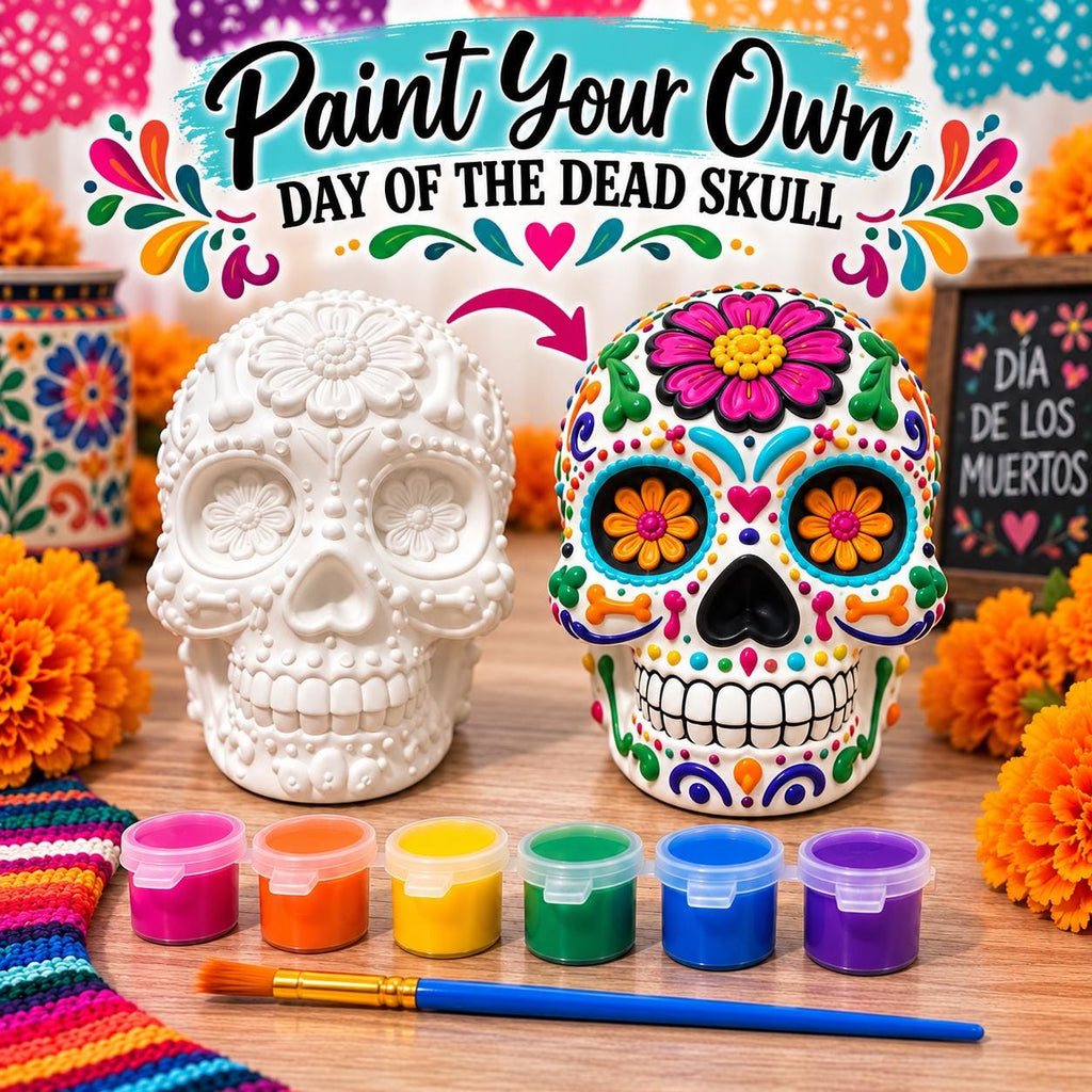 Day of the Dead Skull Painting Kit, DIY Sugar Skull Craft, Ceramic Resin Skull, Dia de los Muertos Decor, Paint Your Own Skull. Ofrenda