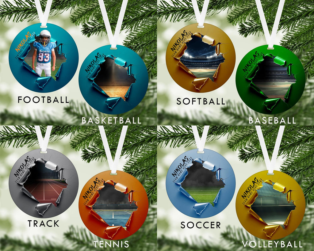 Customized multi sport ripping through ornament. Great for senior who committed or for teams end of season gift. Personalized- pick a sport.