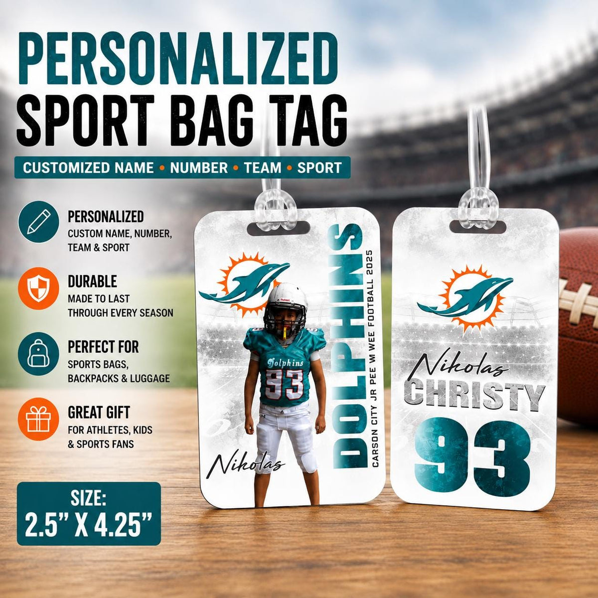 Personalized Sports Bag Tag, Custom Athlete Luggage Tag, Team Name & Number