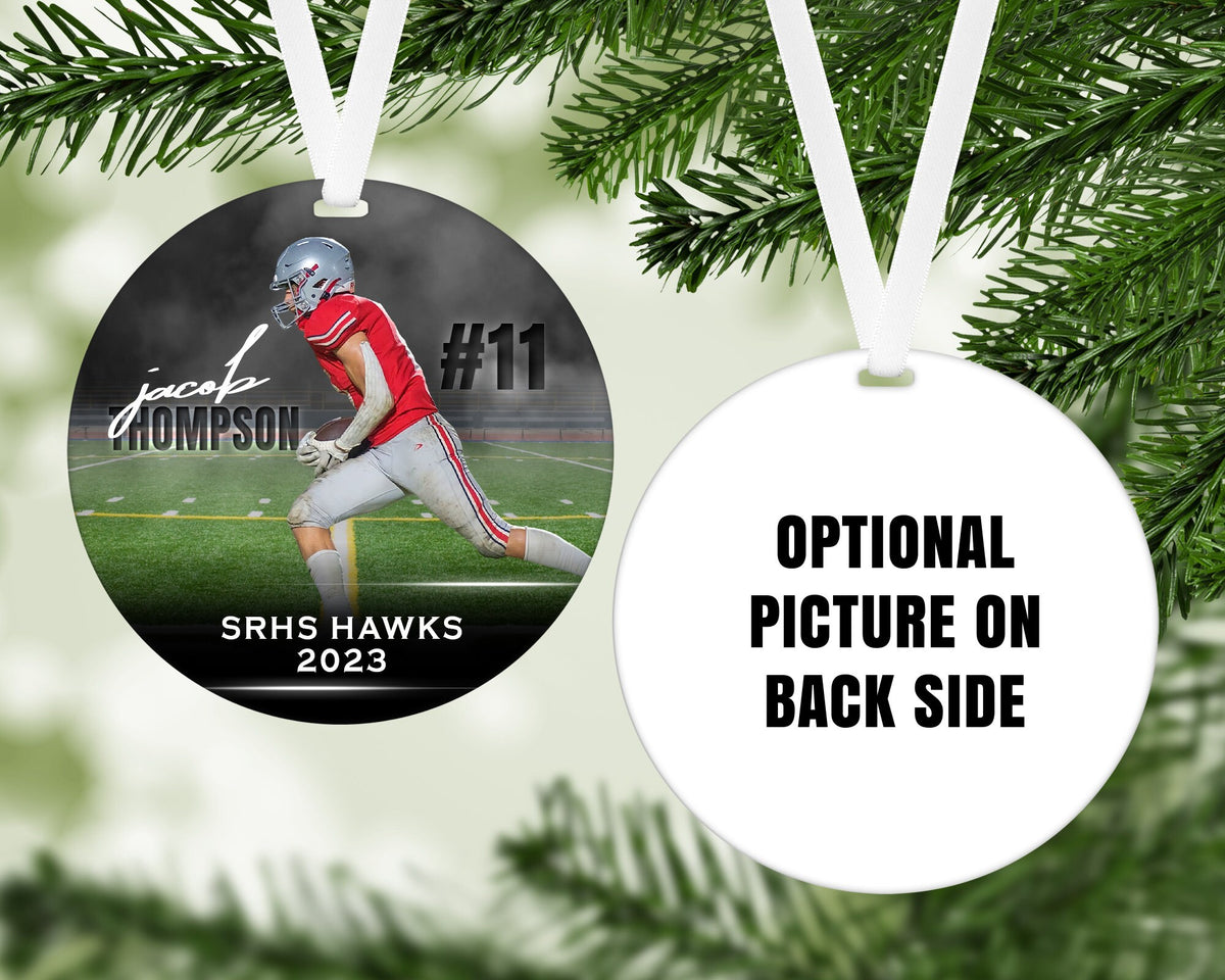 Customized football ornament. Great for senior who committed or for teams end of season gift. Can be personalized with 2 different picture.