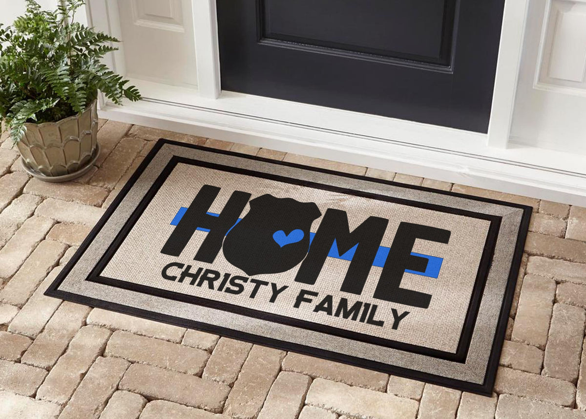 Thin Blue Line Doormat with Badge & Heart, Personalized Police Officer Gift