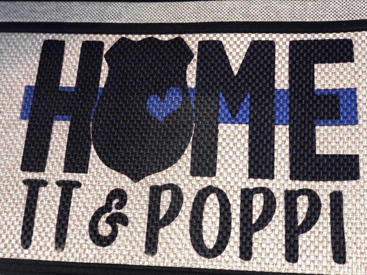 Thin Blue Line Doormat with Badge & Heart, Personalized Police Officer Gift