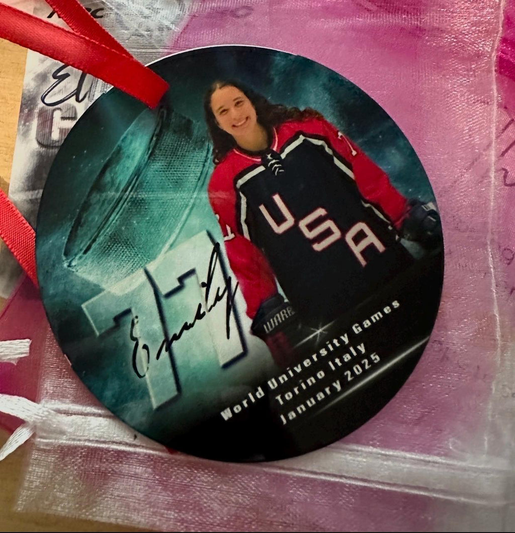Customized Hockey ornament. Great for hockey senior or team gifts. Can be personalized with 2 different picture.