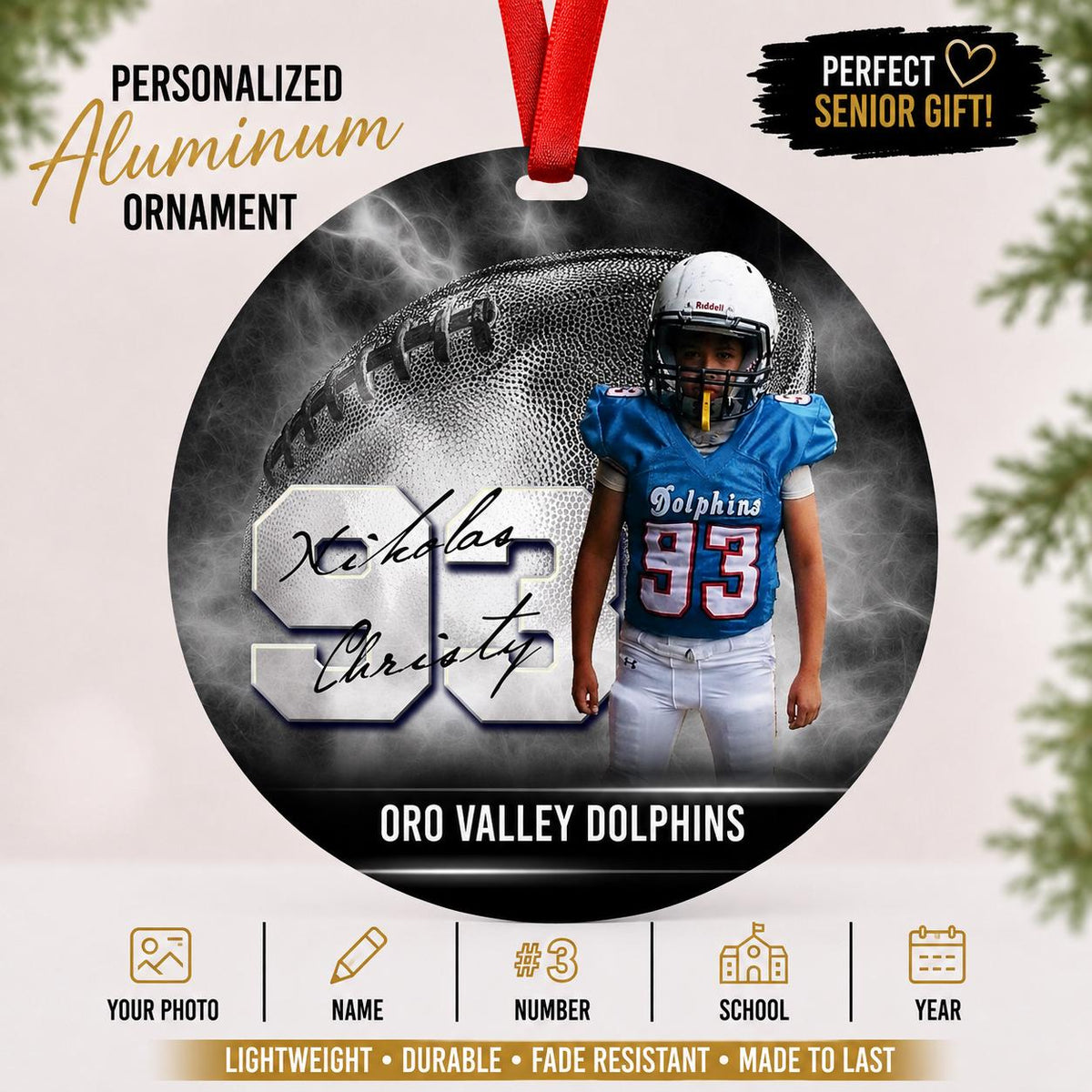 Customized football ornament. Great for senior who committed or for teams end of season gift. Can be personalized with 2 different picture.