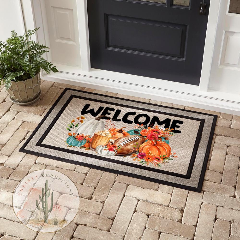 Fall Football Doormat, Pumpkin Welcome Mat, Autumn Front Porch Decor