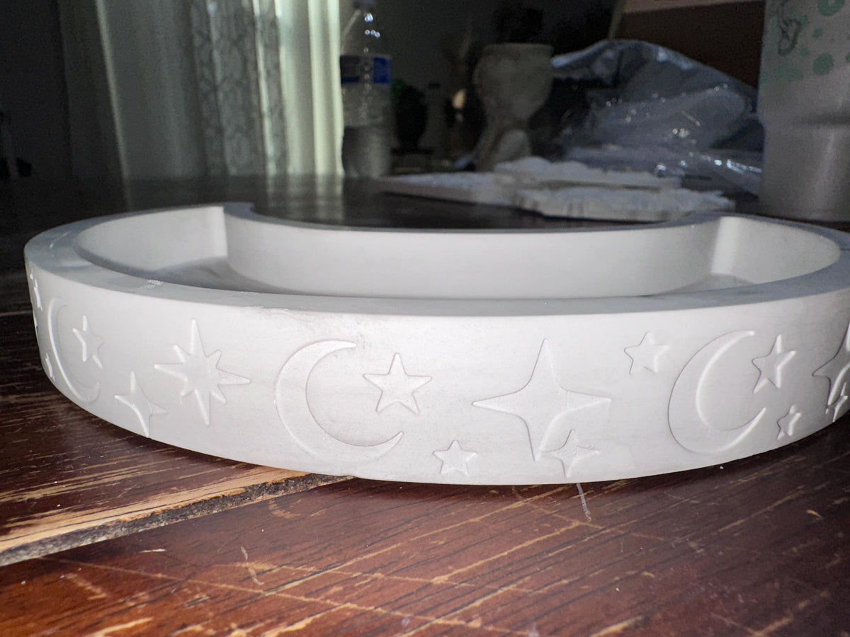 Half-Moon Jewelry/Storage Tray with half-moon and star design all around tray. Unique celestial decor