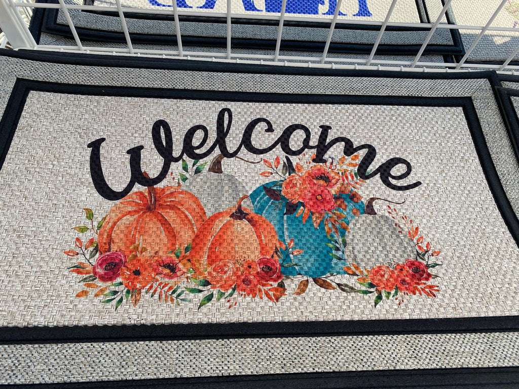 Personalized Welcome Fall Pumpkin Doormat, Recycled Rubber