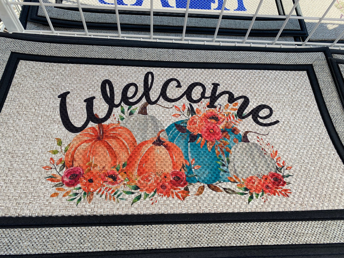 Personalized Welcome Fall Pumpkin Doormat, Recycled Rubber